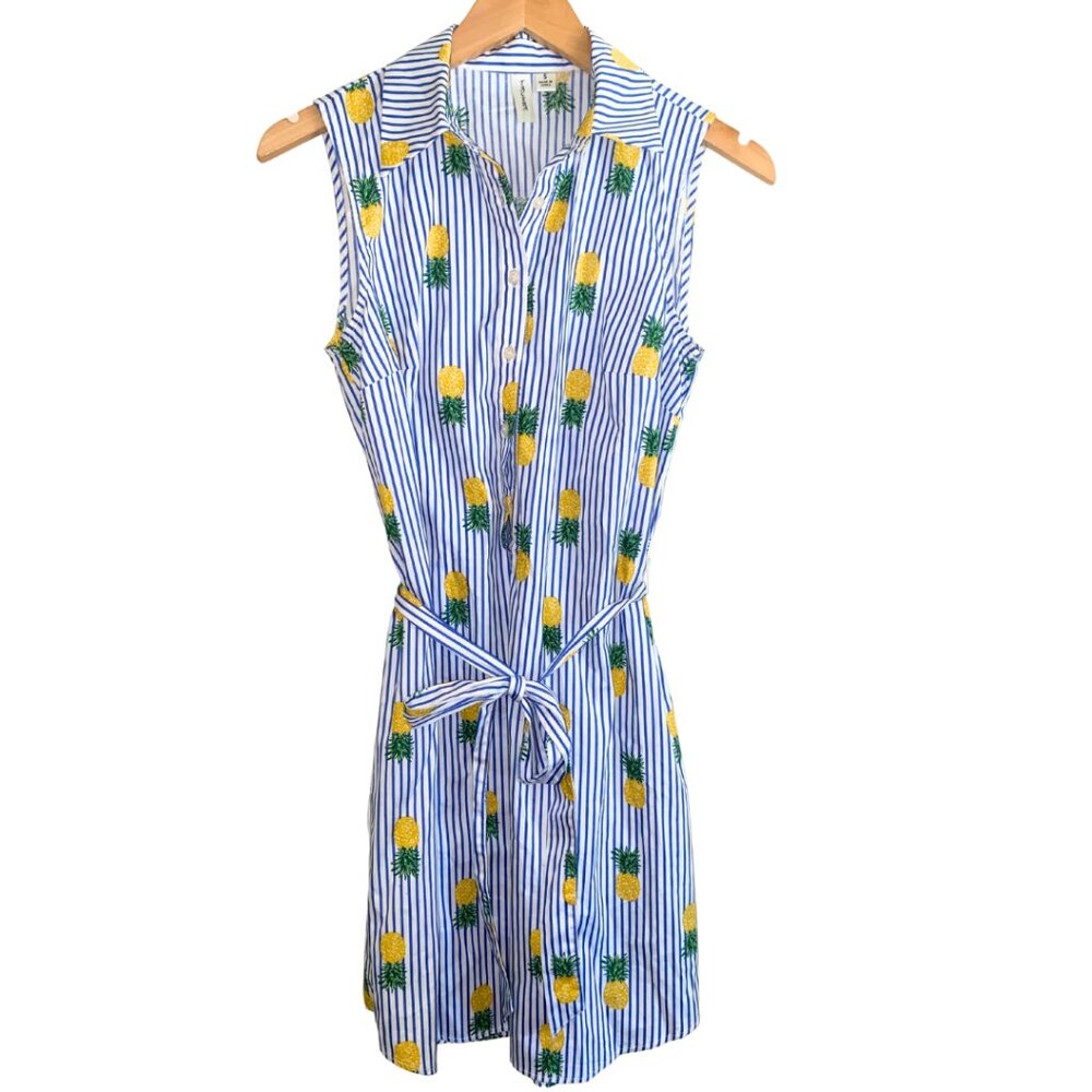 NWOT Tacera Pinstripe and Pineapples Button-Up Collared Belted Shirt Dress - S